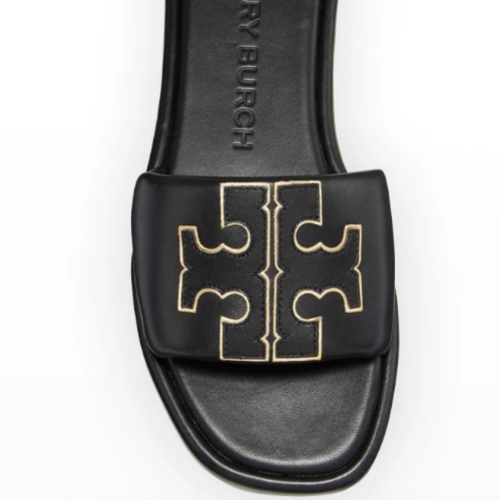 Brand New Tory Burch Double T Leather Medallion Slide Sandals - Black